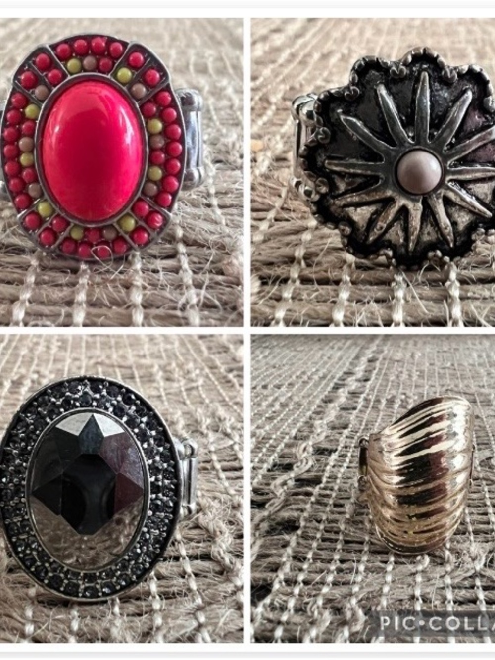 Lot of 4 Women's Fashion Rings Silver, Gun Metal & Gold Tone Rhinestone Stretch